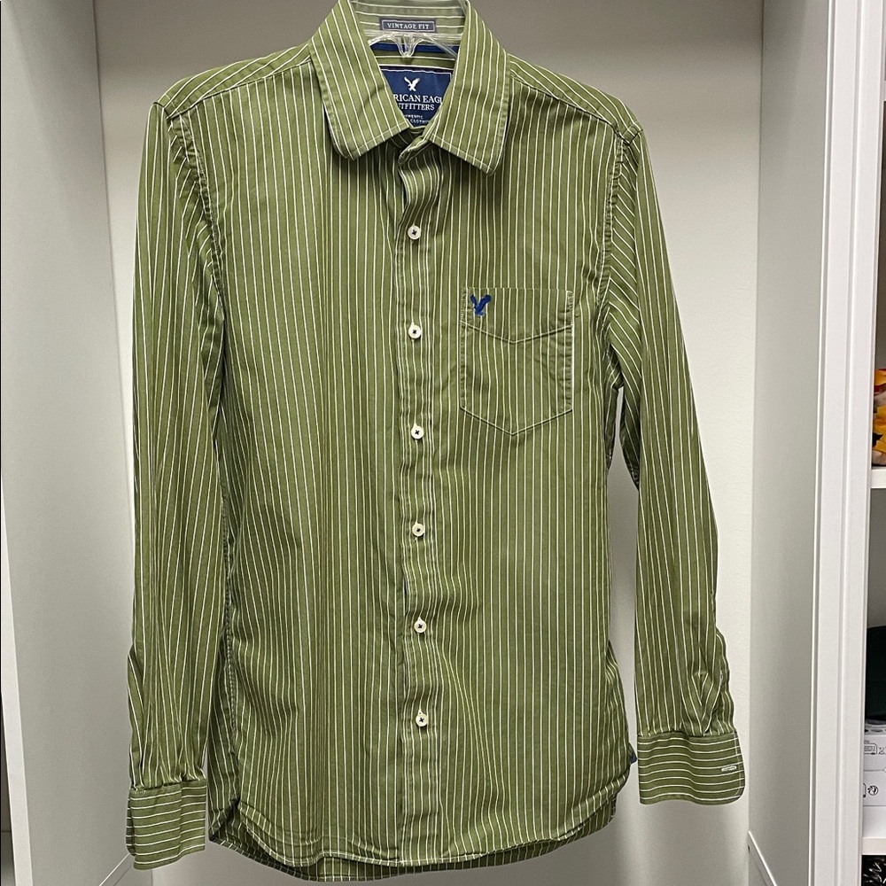 American Eagle Outfitters Men’s Olive Green & White Striped Button-Up Shirt